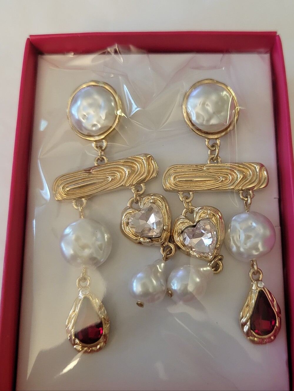 Avon Gold-Tone Pearl Drop Earrings with Red Teardrops
